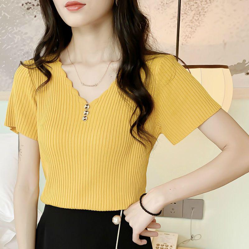 Women's Ice Silk V-Neck Button Knit T-Shirt - 2026 Summer Loose Korean Style Short Sleeve Top