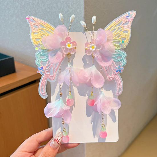 1 Pair Giant Butterfly Hair Clip with Sheer Mesh Wings Flower Hair Side Claw