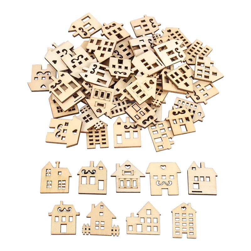 50Pcs Christmas Wooden House DIY Craft Xmas Tree Hanging Ornaments Pendant 2024 Christmas Decoration for Home New Year Kids Gift