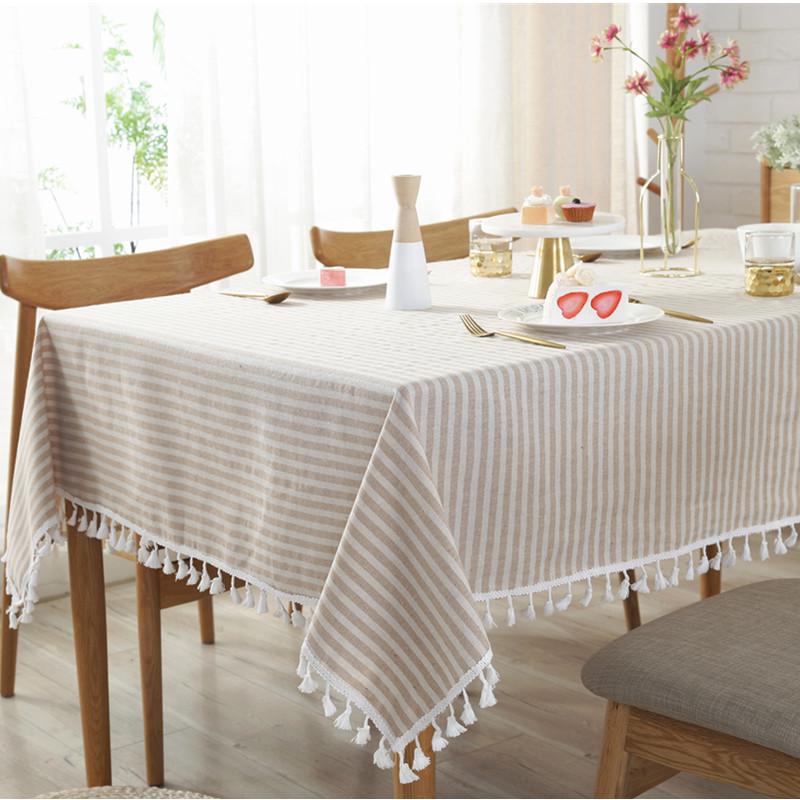 Minimalist Striped Tablecloth Cotton Linen Tassel Anti Scalding Table Mat Rectangular Universal Dustproof Decorative Desk Cover