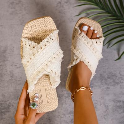 Sandalias Nuevas para Mujer con Cordones de Borlas Blanco Roto y Correas Cruzadas, Estilo Cool para Vacaciones en la Playa, Sandalias de Moda