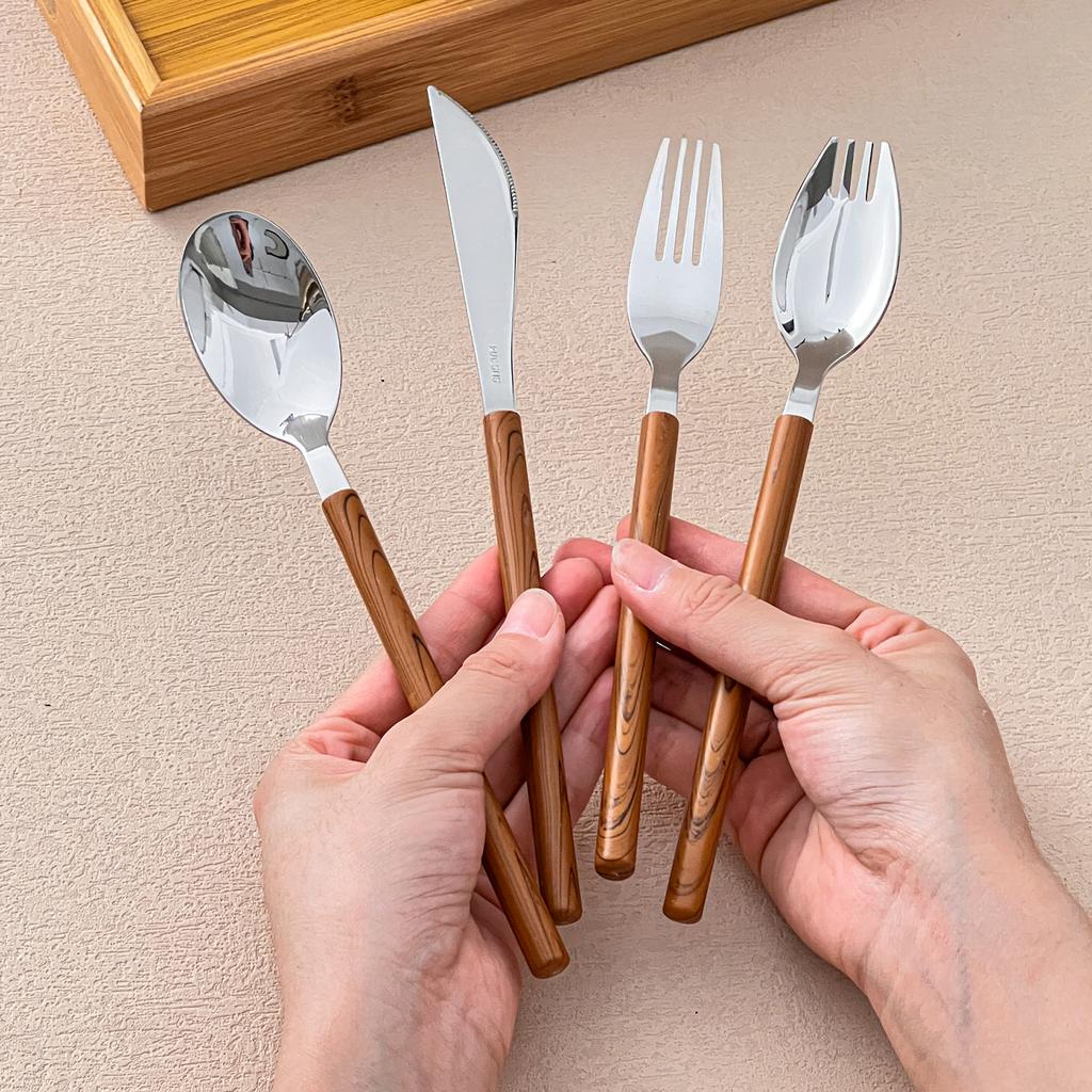 3/4Pcs 304 Stainless Steel Knife Fork Spoon Wood Grain Handle Dinnerware Set Portable Reusable Western Cutlery Dishwasher Safe