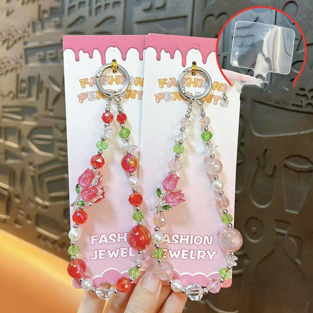 Chaîne de téléphone portable en perles Fleur de tulipe Lanière de téléphone portable Perle de cristal Dragonne de téléphone Cadeau de Nouvel An