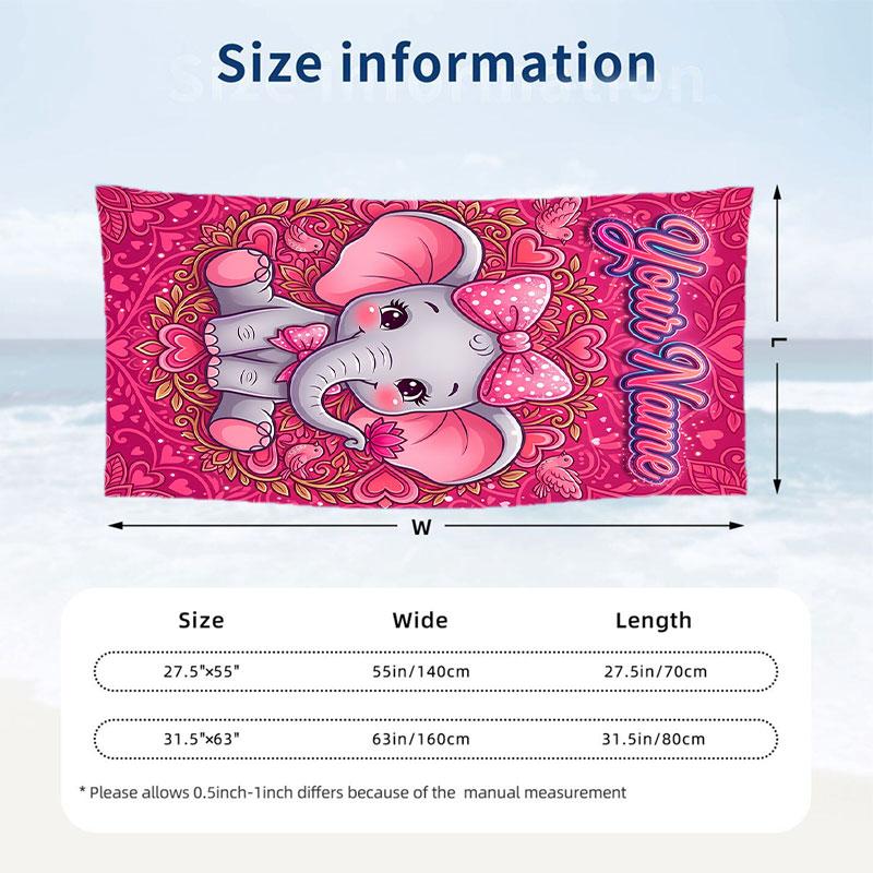 Elephant Theme Beach Towel Personalized Custom Name & Text Soft Quick Dry Beach Towel for Swimming Travel