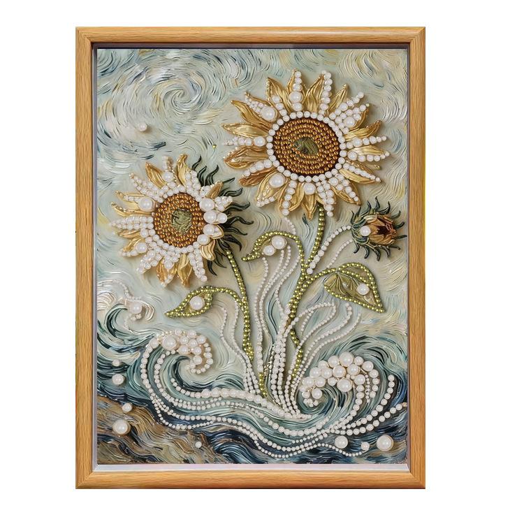 Oil Painting Sunflower Diy Pearl Painting High-End Decorative Painting Three-Dimensional Photo Frame Painting Material Package 30 * 40 Handmade Gift