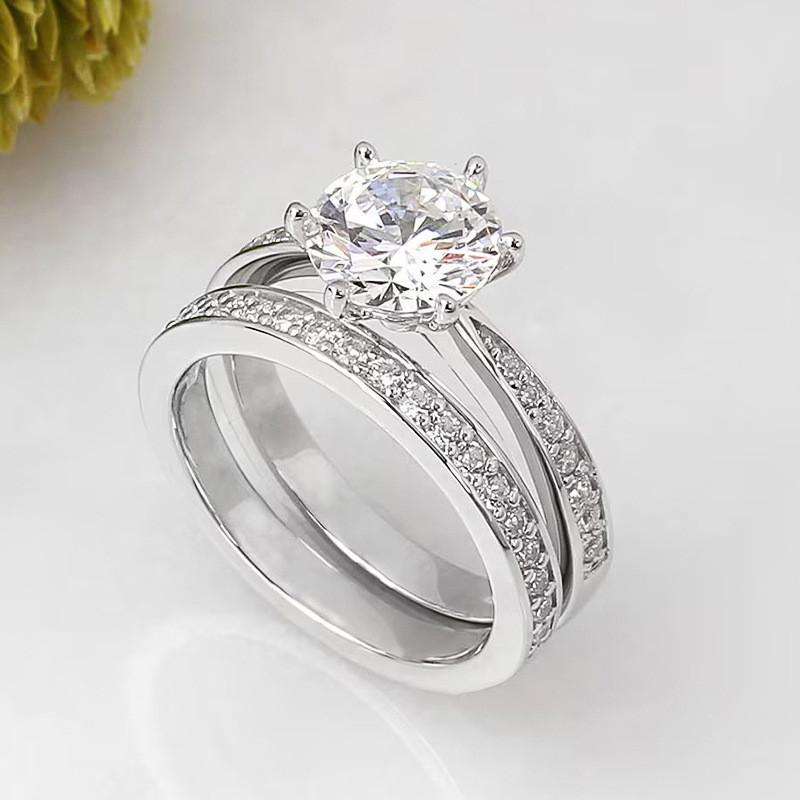 

925 Sterling Silver Bright 6 Claws Cubic Zirconia Rings Set for Women Elegant Gorgeous 2Pcs/Set Wedding Band Jewelry Trendy 6