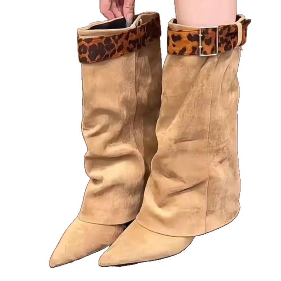 [Fanfna] Spice Girl Leopard Print Pointed Pants Boots Women's Autumn 2025 New Retro Two-Wear Removable Medium Boots
