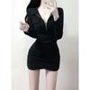 Slim and thin waist sexy little black dress spring black pure desire polo collar hip wrap dress