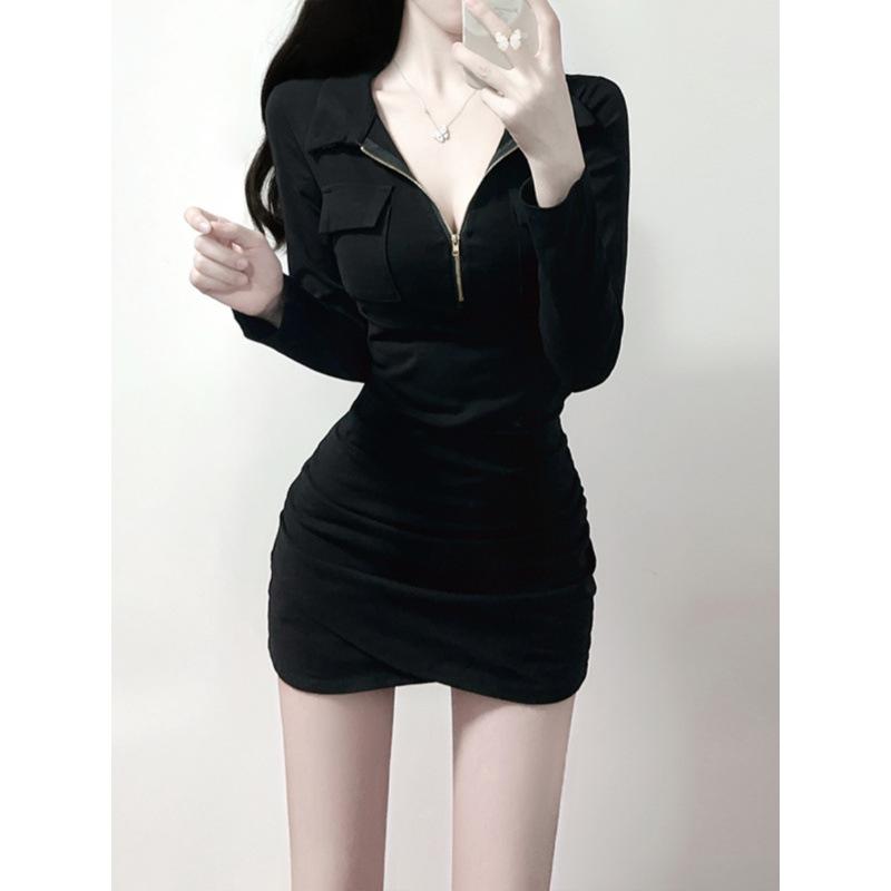 Slim and thin waist sexy little black dress spring black pure desire polo collar hip wrap dress