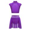Girls Figure Skating Outfit Sleeveless Cutout Crop Top Rhinestone Waistband Ruched Irregular Skirt Dance Wear