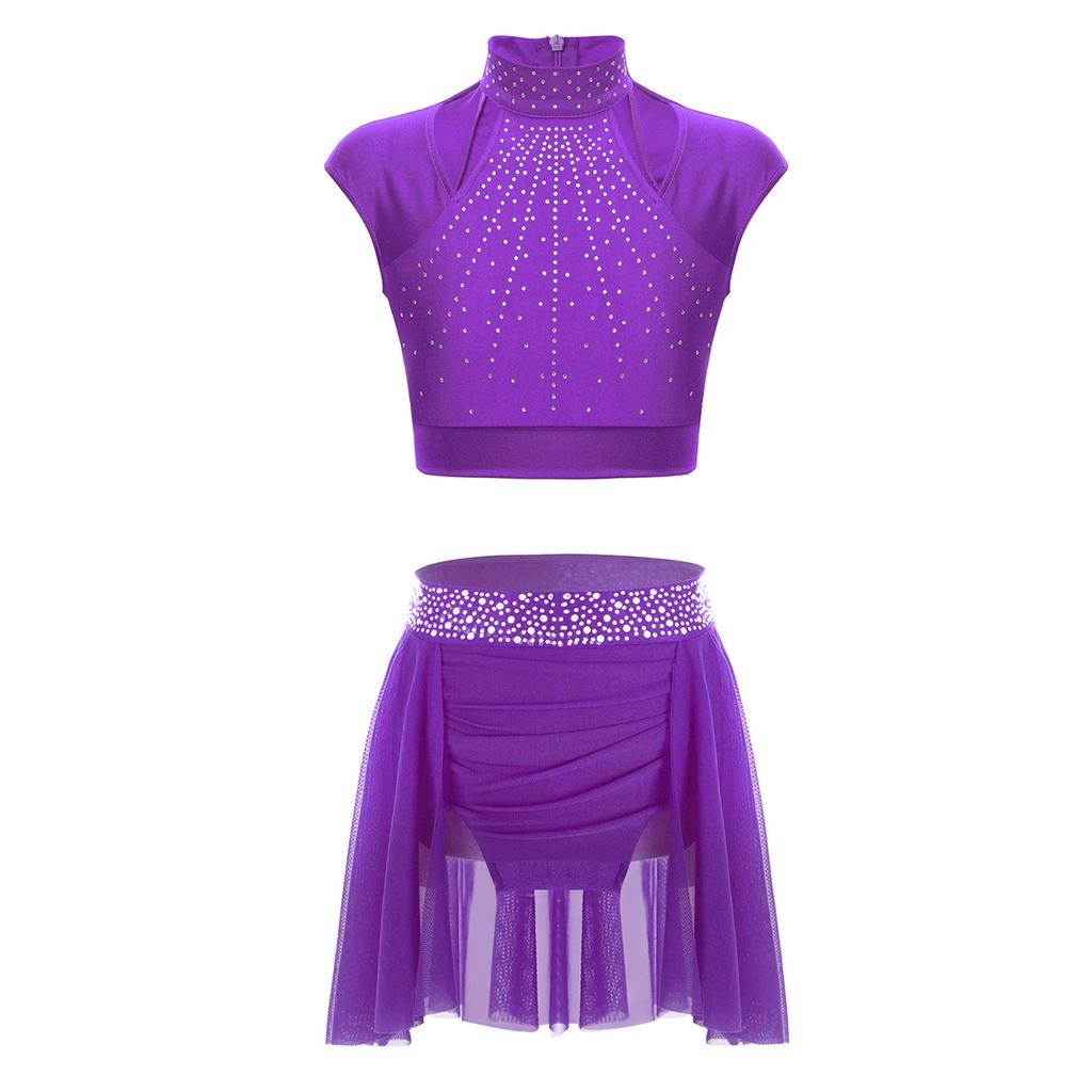 Girls Figure Skating Outfit Sleeveless Cutout Crop Top Rhinestone Waistband Ruched Irregular Skirt Dance Wear