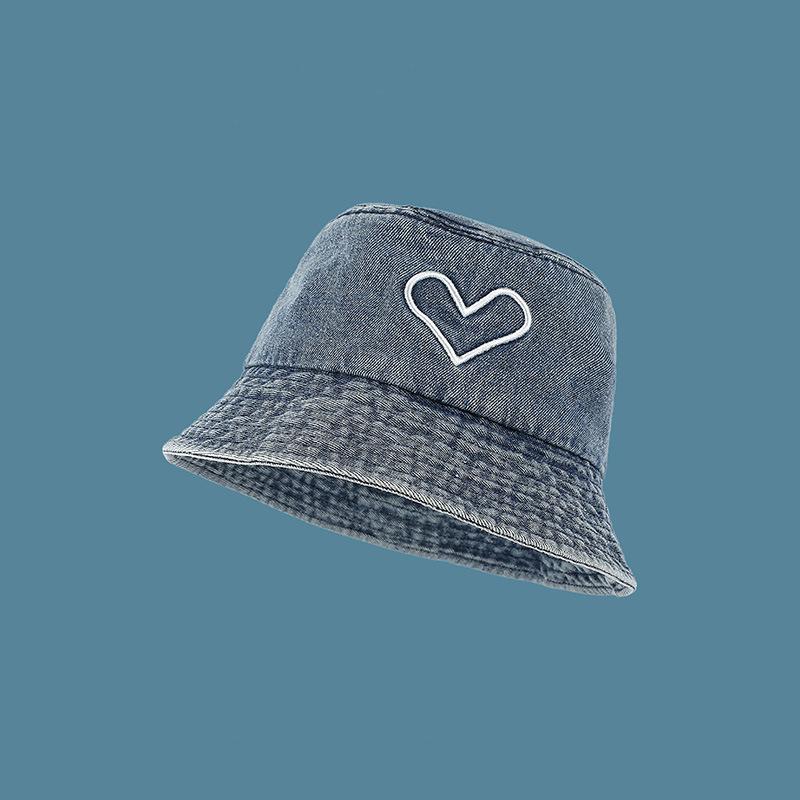 Sun hat washed denim fisherman hat children's love embroidery spring and autumn versatile face cover casual short brim basin hat