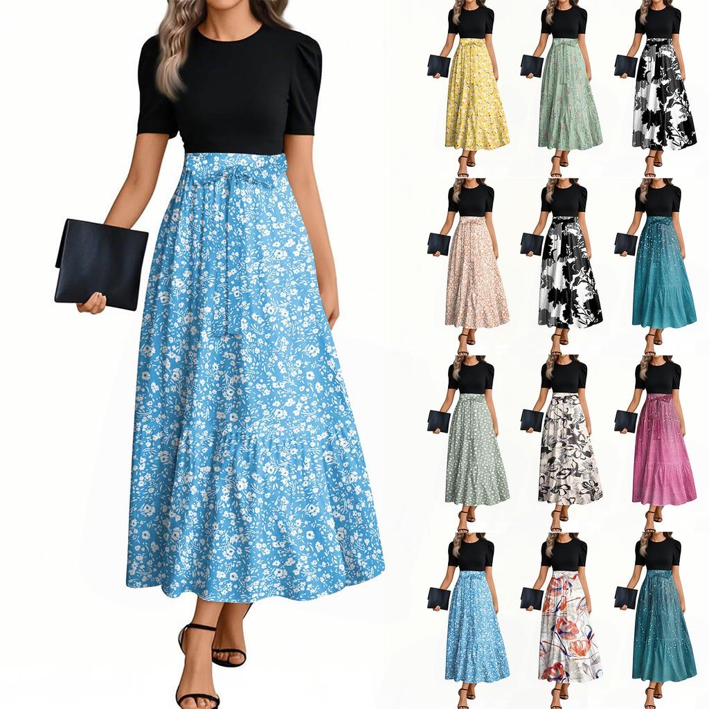 Women's Fashion Casual Belted Round Neck Short Sleeve Floral Patchwork Elegant Dresses