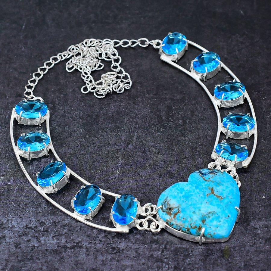 Tibetan Turquoise, Blue Topaz Handmade 925 Sterling Silver Necklace 18" S3D60