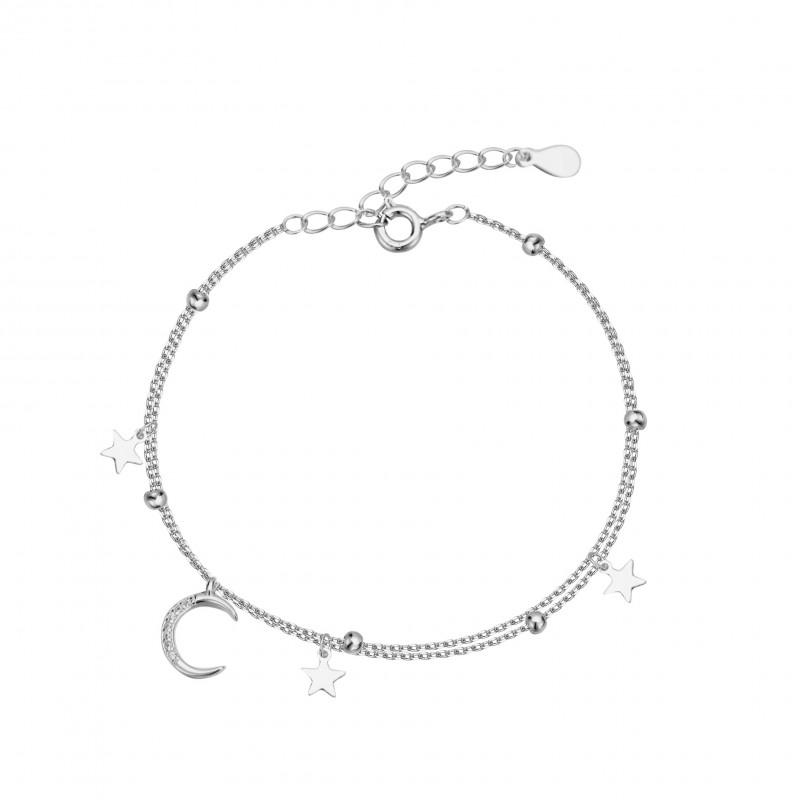 Sterling Double Layer Star Moon Bracelet Women Delicate Geometric Charm Jewelry Elegant Minimalist Boho Style 925 Sterling Silver