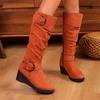 2025 New Fashion Wedge Single Boots Autumn New Round Toe Metal Belt Buckle Platform Anti-Slip Wear-Resistant Tall Boots