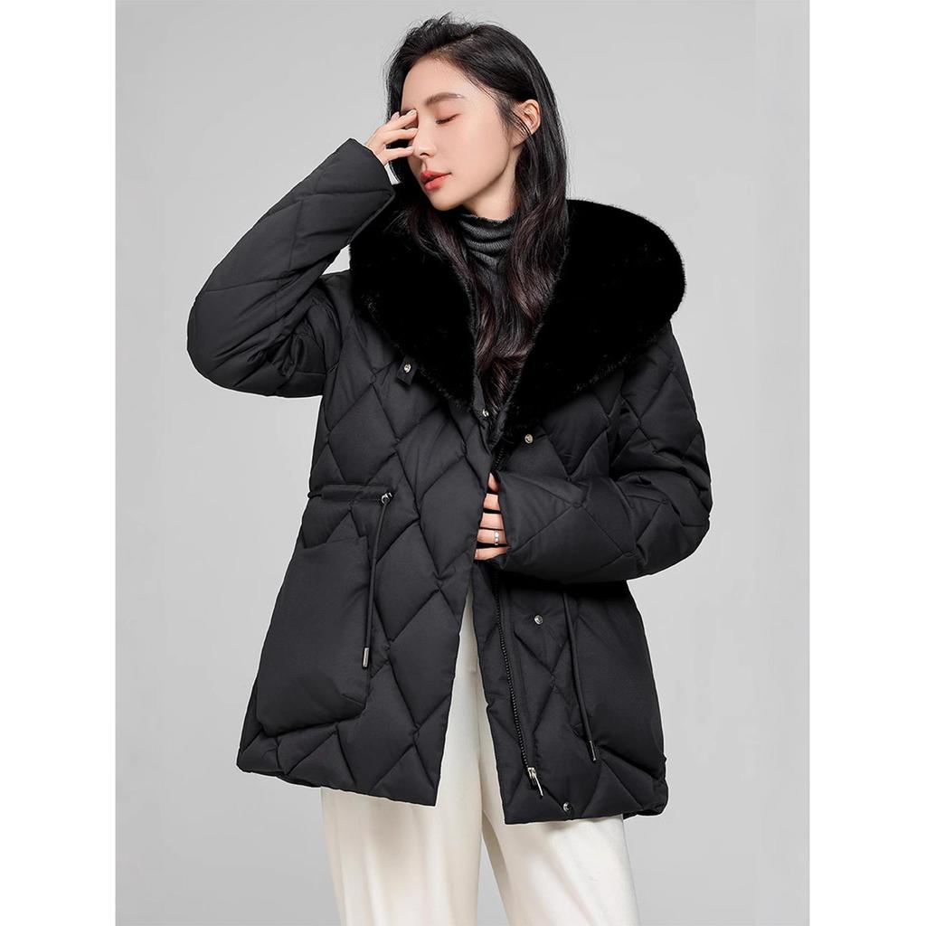 Mid-length loose waist slimming hooded thick diamond-shaped padded jacket jacket