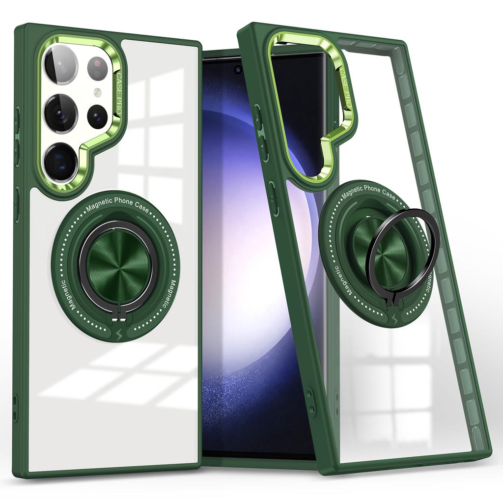 For Samsung Galaxy S23 Ultra Magnetic Case PC+TPU Clear Phone Cover with Ring Kickstand