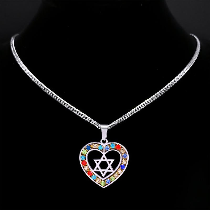 Hexagram Heart Shape Necklace for Women Men Silver Color Stainless Steel Jewish Star of David Necklace Jewelry collares N6474S02