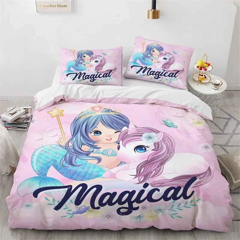 Cartoon Unicorn Duvet Cover Floral Bedding Set Microfiber Flying Horse Comforter Cover Full Queen For Boys Girls Bedroom Decor