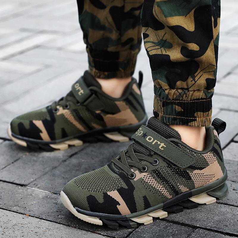 Boys' Shoes Warm Season and Autumn New Children's Sports Shoes Trendy Camouflage Green Flying Woven Sports Shoes for Big Children