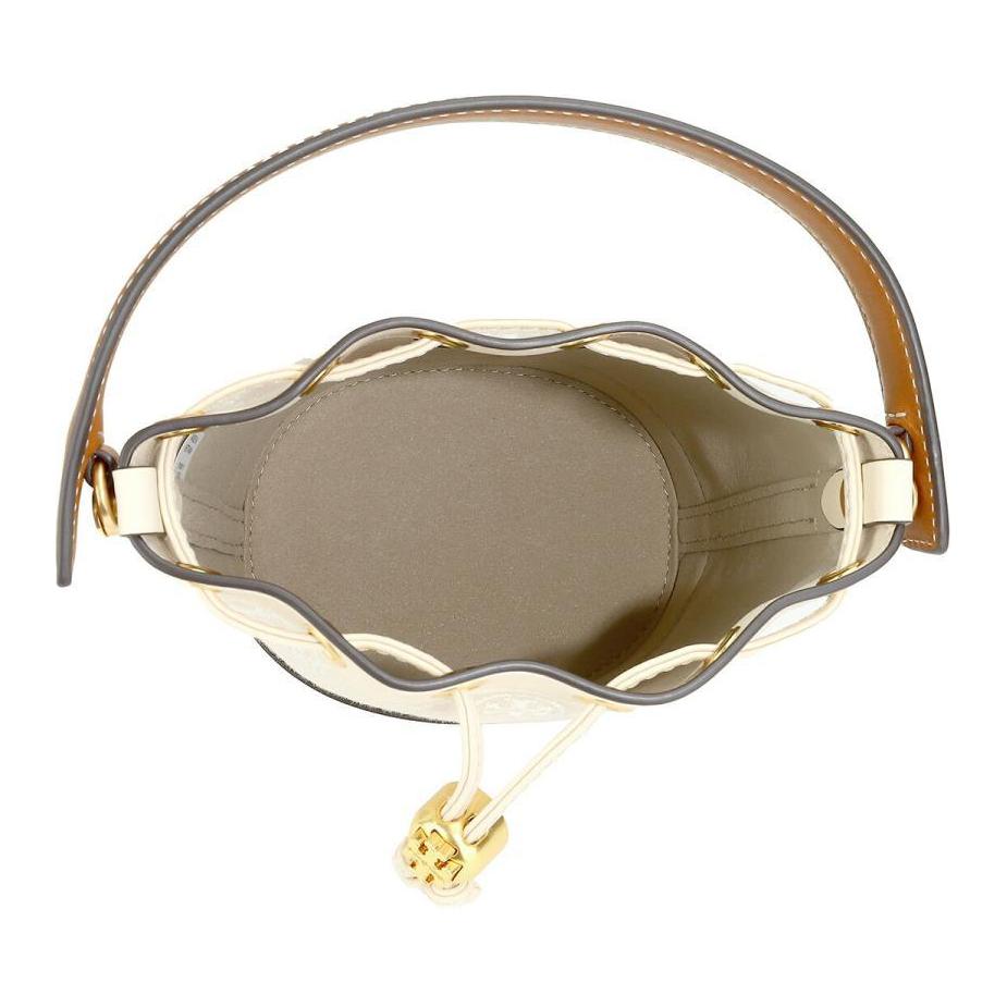 Tory Burch T Monogram All Over Print Drawstring Jacquard Fabric Leather Trim Bucket Bag Mini Women Bags Ivory 80534-254