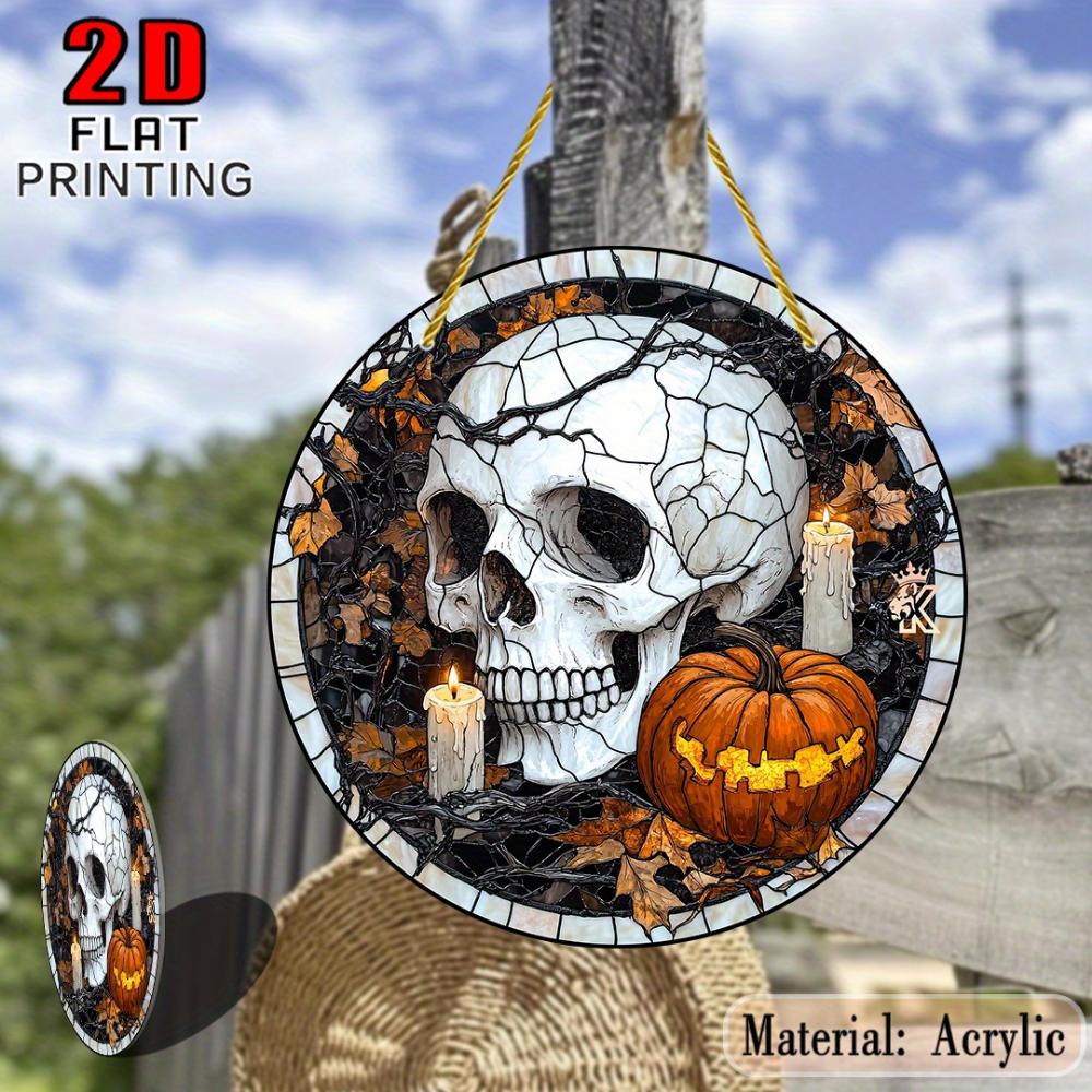 Halloween Skull and Pumpkin Stained Glass Pendant Sun Catcher -  Acrylic Garden Decoration with Candles and Fall Leaves, Outdoor Halloween Decoration,