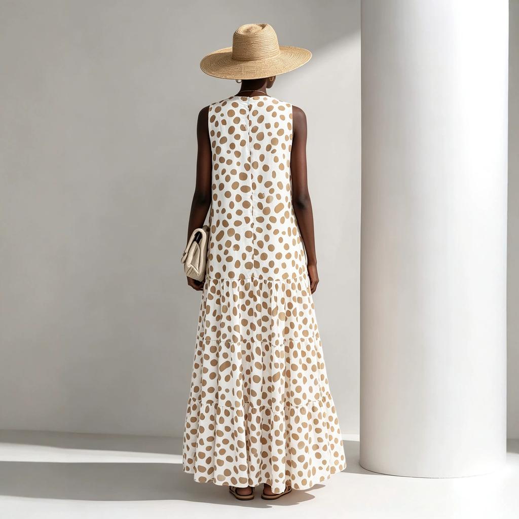 French Retro Polka Dot Sleeveless Chiffon Long Dress Round Neck Loose Pendulum Beach Vacation Cake Dress Summer