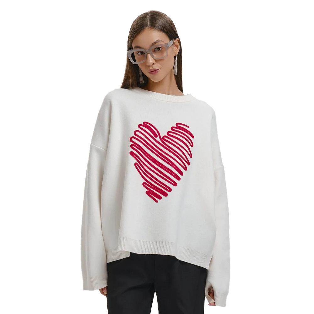 Red Love Sweater Autumn Lines Heart Sweater Round Collar Pullover Sweater Slimming Blend Office Comfortable Versatile Undercoat Long Sleeves Sweater