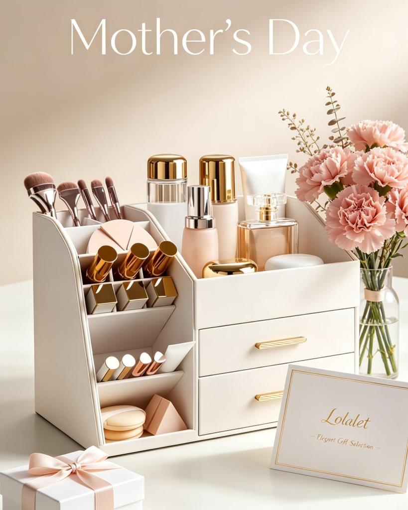 Lolalet Makeup Organizer with PU Spacious Skincare Storage Display Case for and Beauty for Vanity and Easy To Clean Cream Drawer, Leather, Holder,