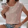 Camiseta de mujer con cuello redondo, sin mangas, holgada, con lentejuelas brillantes, informal, de corte regular, para uso diario