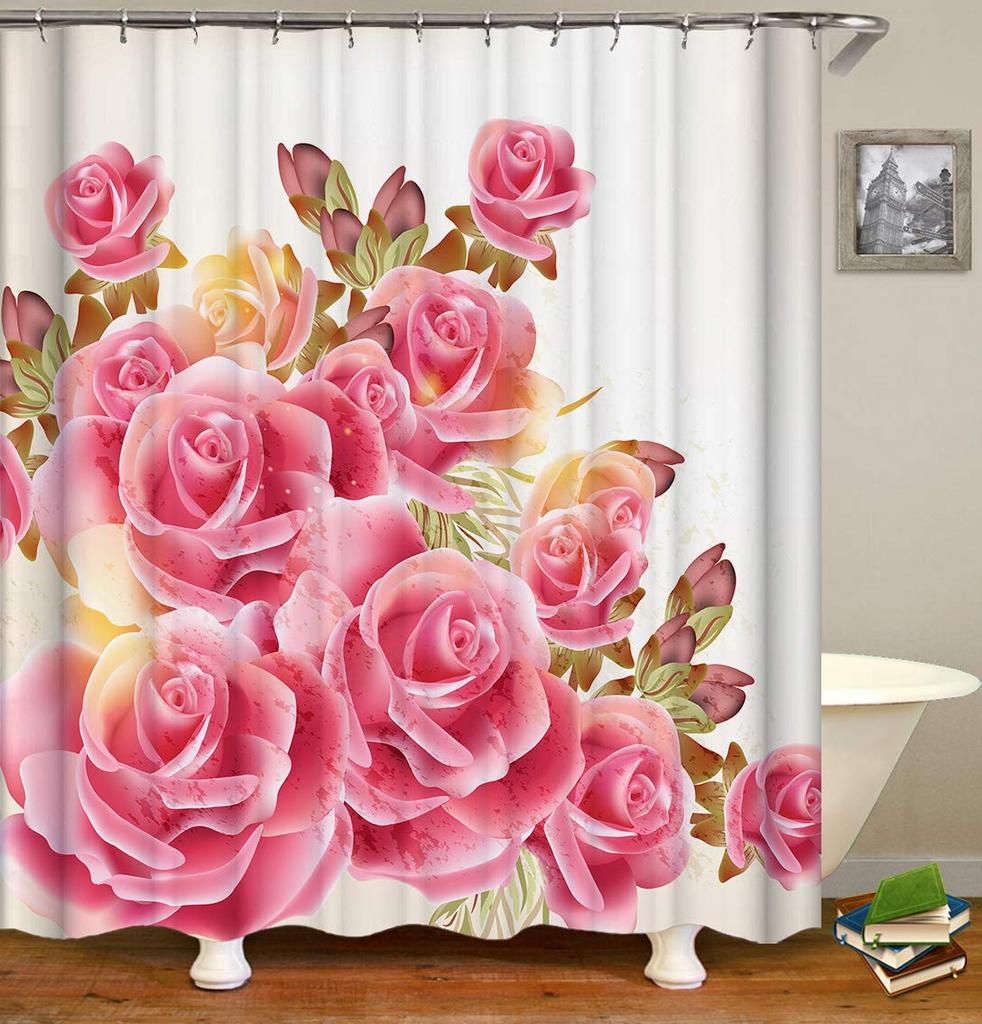 Red Rose Shower Curtain Botanical Floral Romantic Flower Valentine Girls Bathroom Curtain Decor Waterproof Fabric Include Hooks