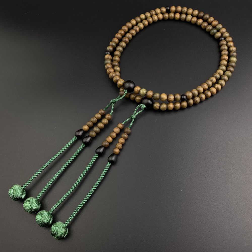 WONDERFUL LOTUS MyoLotusFlower Shingon Buddhist Prayer Beads for Men, Green Ebony, Ebony Finish, 108 Beads, Bonten Tassel, Formal Prayer Beads, Tree