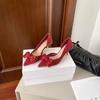 Pointed thin heels show high red festive bridal shoes wedding shoes show year side empty high heels bow