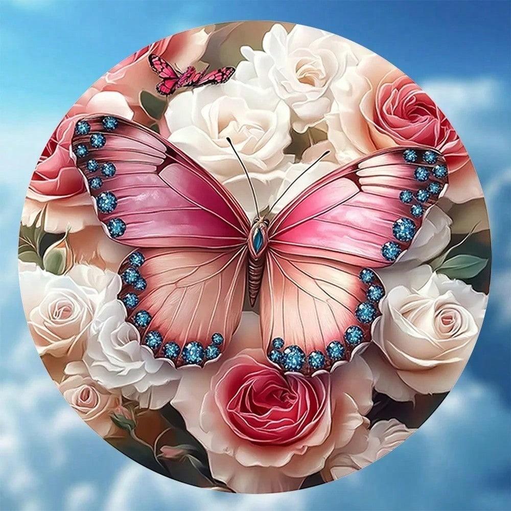 Vintage Butterfly Rose 8 Inch Round Metal Wall Art Floral Aluminum Sign Home Bar Cafe Decor