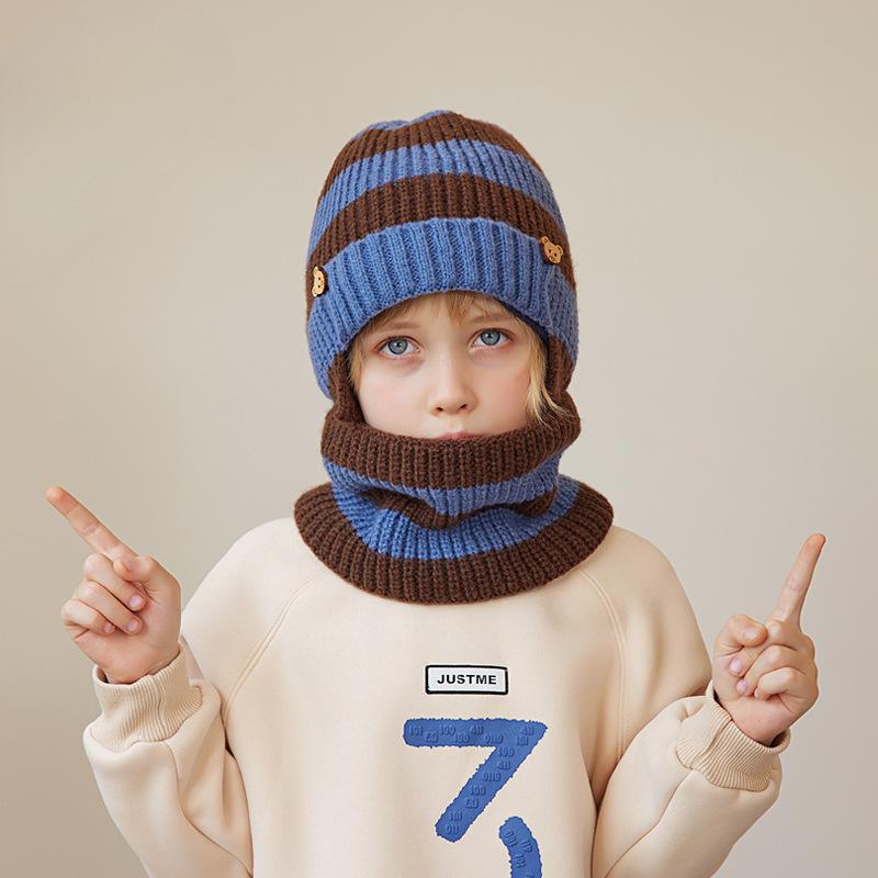 Warm Children's Knitted Hat Scarf Two-Piece Set Winter Outdoors Cold-Proof Earflaps Slipover Woolen Cap
