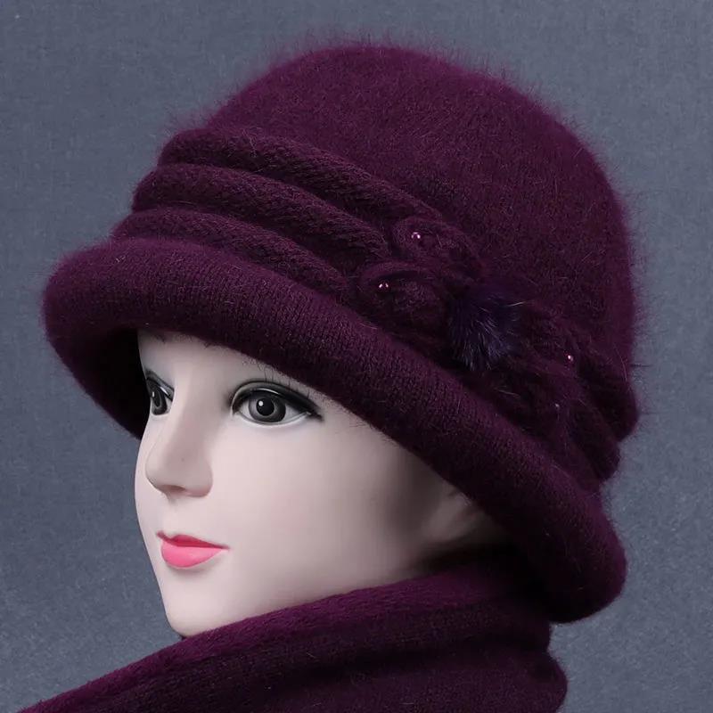 Hat Female Winter Elderly Rabbit Fur Knitted Warm Woolen Bowl Hat Thick Cotton Top Hat