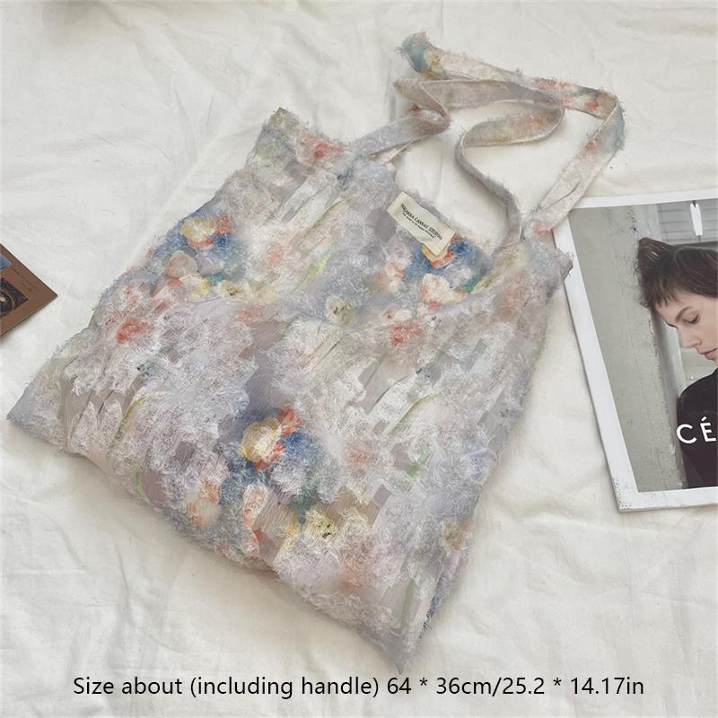 Cute Lace Fairy Flower Handbag Tote Canvas Bag Large Capacity Travel Portable Sundries Storage Bag Girl Sweet Shoulder Bag Gifts