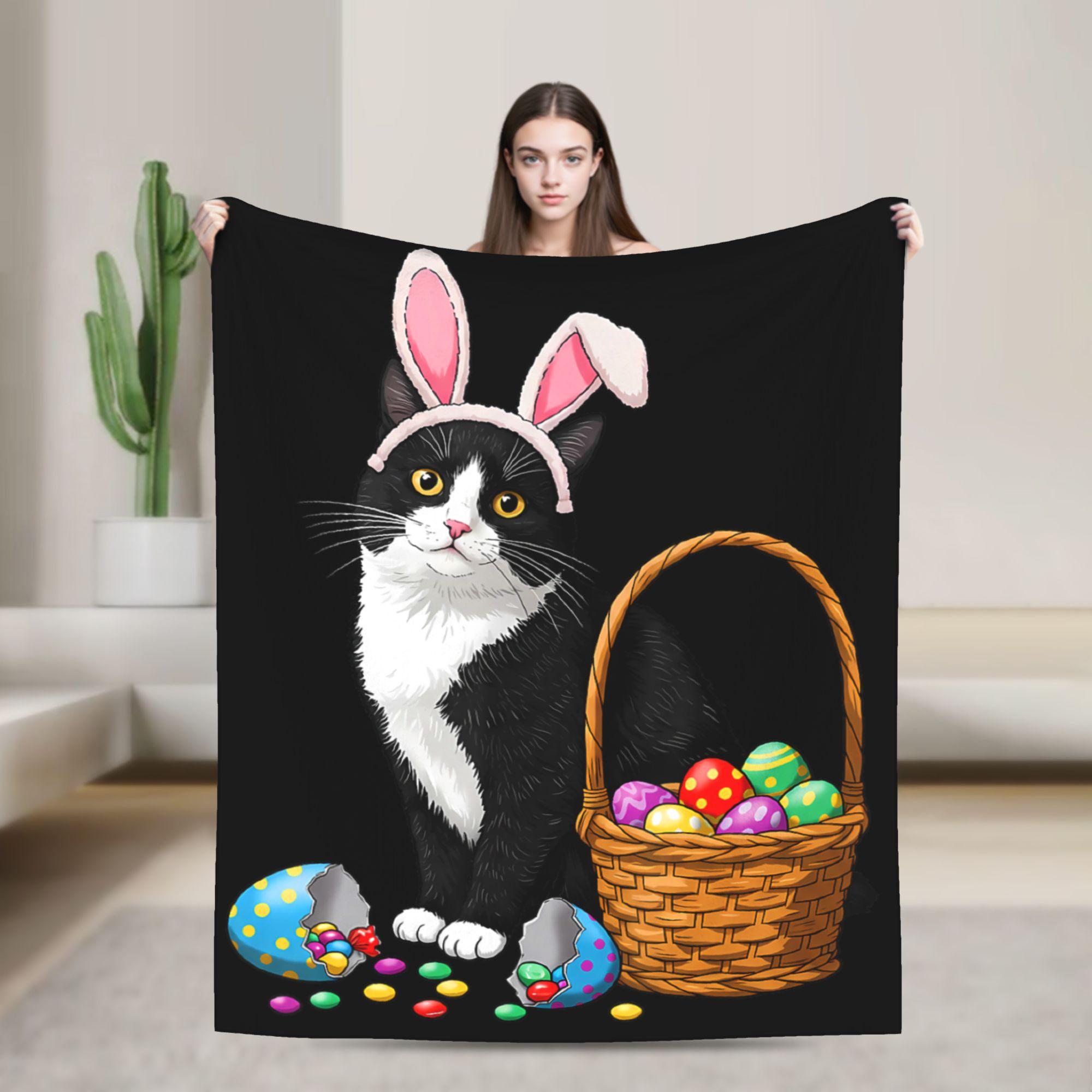 

Easter Day Cat Bunny Ears Eggs Plush Blanket Children Flannel Bedding Throws For Home Decor Warm Soft Bedspread Gift Idea 75x100cm (30x40inch)