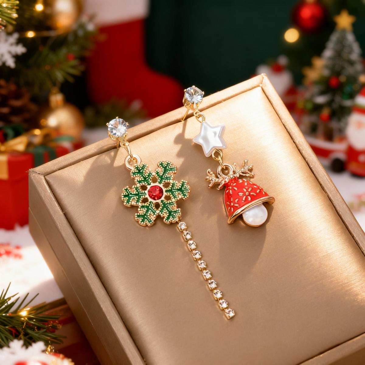 

Christmas Long Rhinestone Tassel Asymmetric Enamel Bell Snowflake Drop Earrings Imitation Pearl Star Jewelry For Women Men Gifts