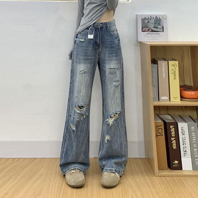 American ripped straight jeans women's spring new thin large size fat mm mopping loose wide-leg pants