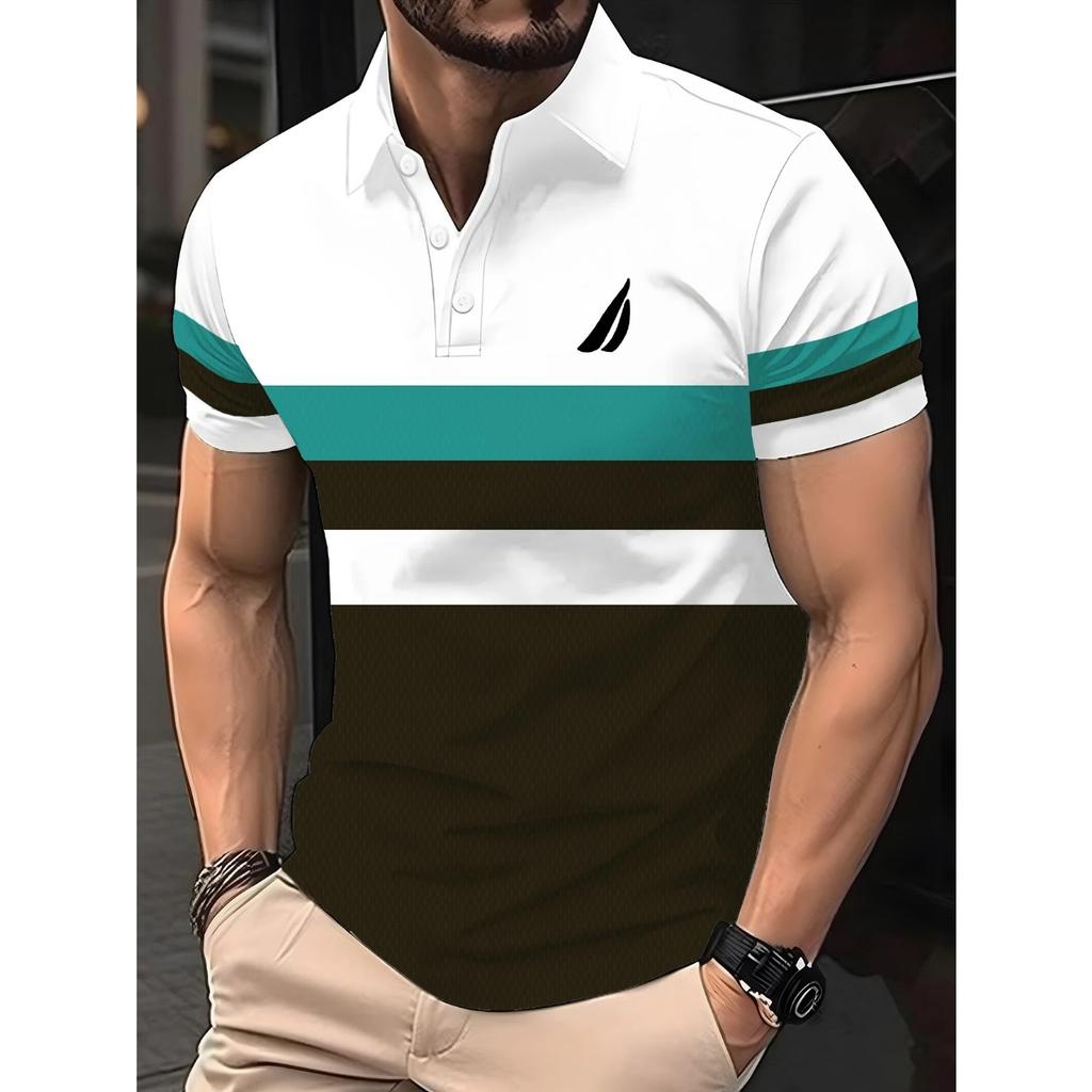 2026 Summer Men's Polo Shirt with Stripes Print Breathable Lightweight Casual Fashionable Outdoor