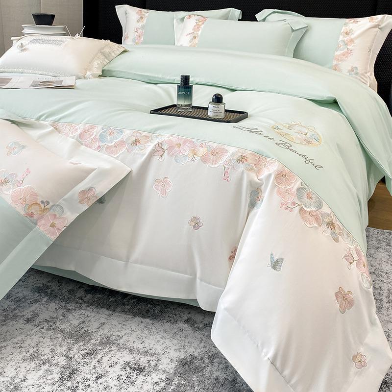 100% Cotton Long-Staple Flannel Embroidery 4-Piece Bedding Set - Mother & Baby Grade, All-Season