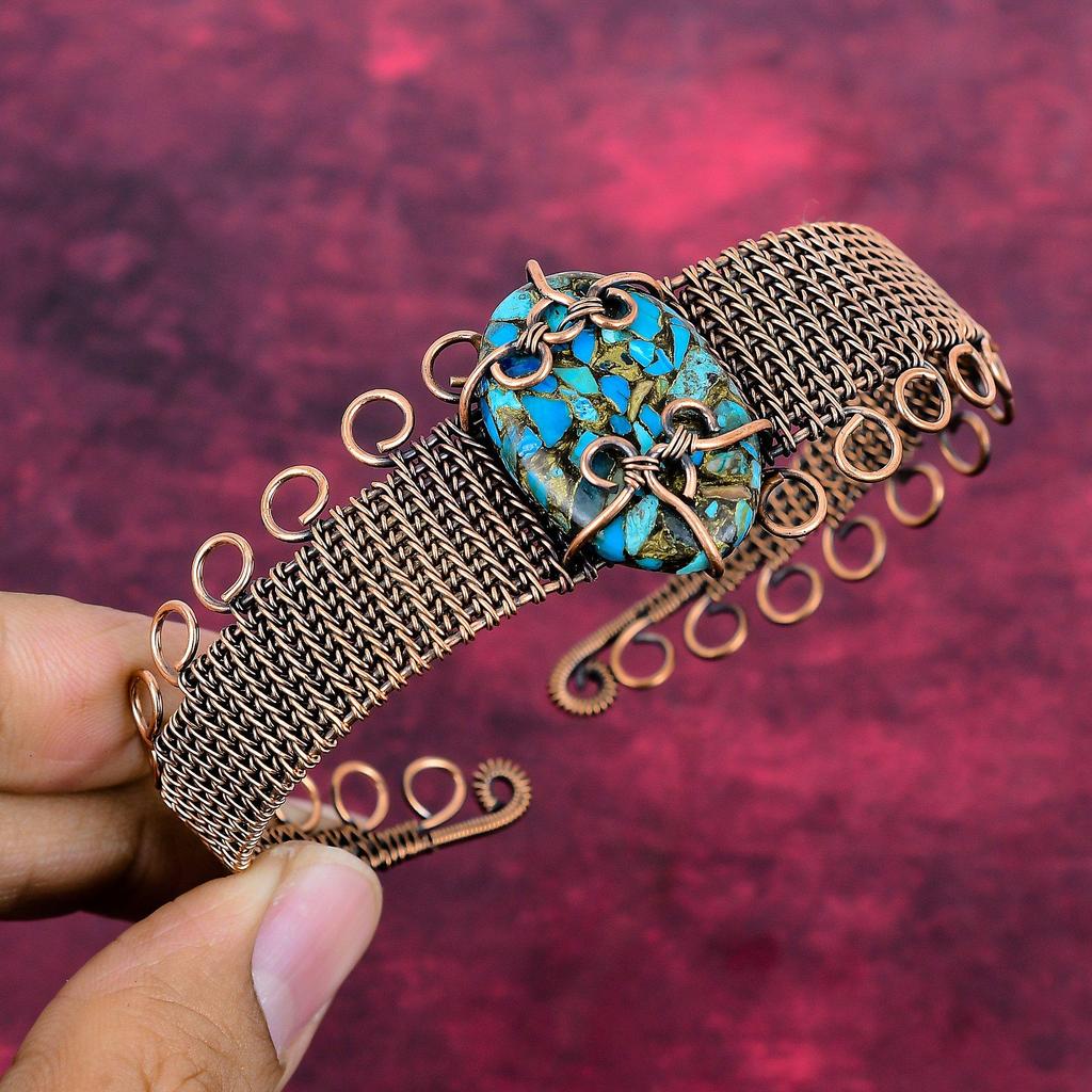 Copper Chrysocolla Gemstone Cuff Bracelet Copper Wire Wrapped Adjustable Bangle