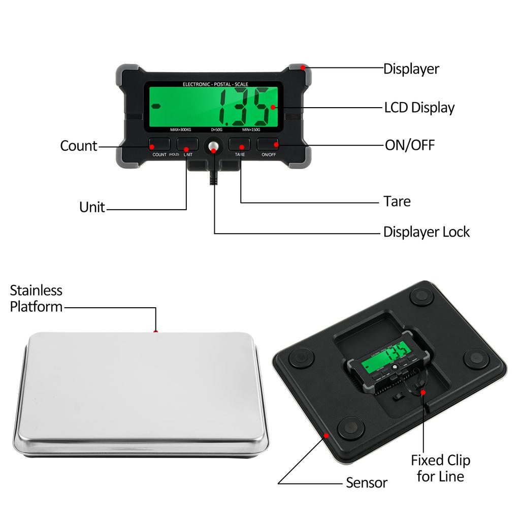 661 Lbs Electronic Postal Scale 50g Integrated Stainless Steel Digital Scale with LCD Backlight Display Shipping Scales with Auto offCelsius