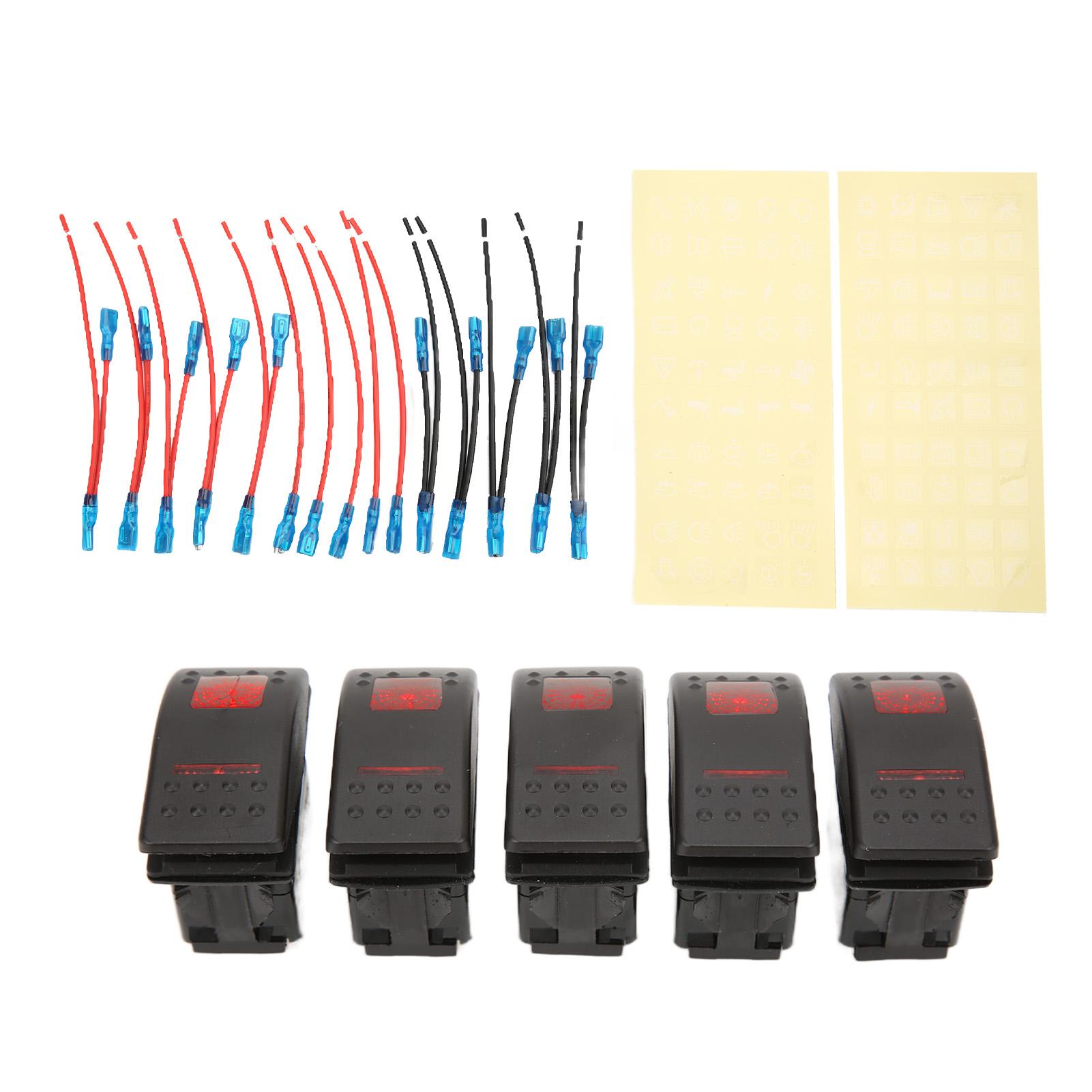 

5 Pack SPST Rocker Switch with Night Glow Sticker 5‑PIN Red Backlit 12V 24V for Car SUV ATV 4x4 Motorcycle