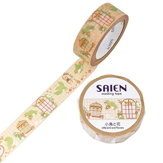 SAIEN Little Birds and Flowers 15mm x 7m Masking Tape, Flowers, Little Birds, Floral Pattern, Birds,