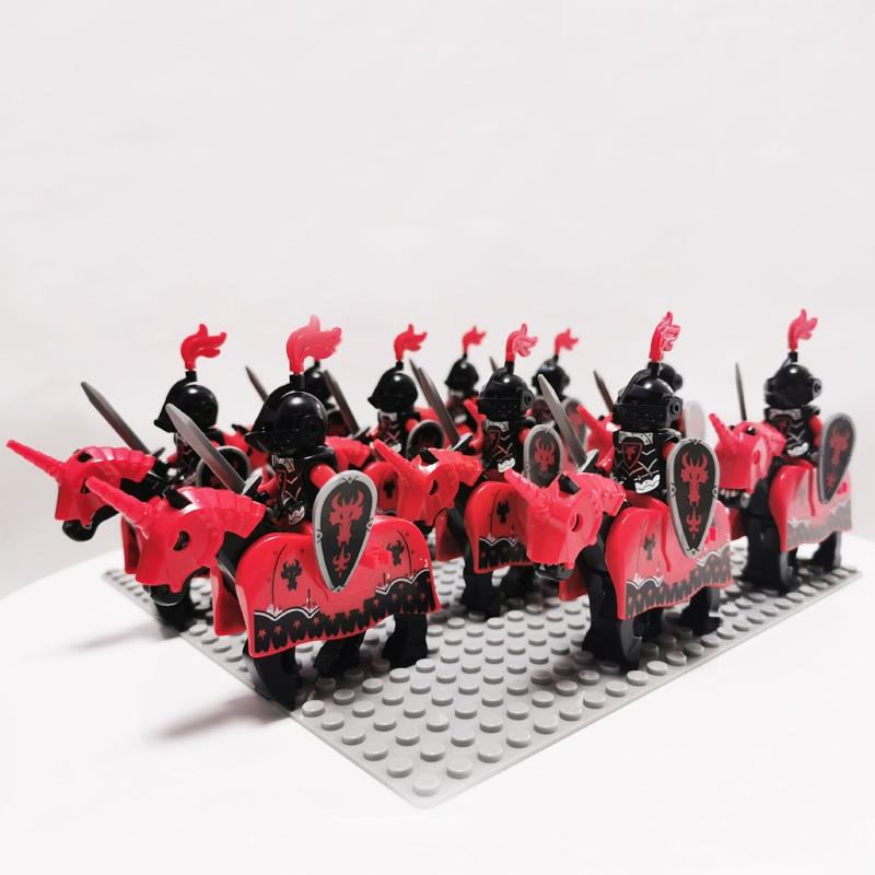 10 Sets Medieval Castle Knight Royal King's Red Dragon Black Warrior Soldier Rider with Horse Building Blocks Toys for Children