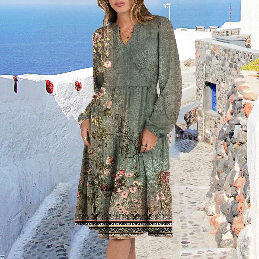 Damen V-Ausschnitt Fließendes Mehrlagiges Böhmisches Langarmkleid mit Blumenmuster