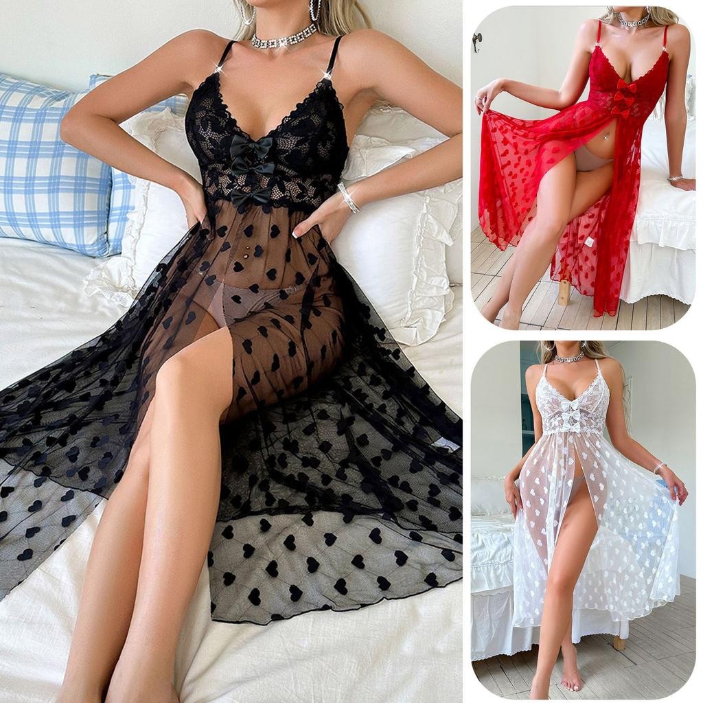 Sexy Spitzen-Schleifen-Camisole-Pyjama Durchsichtiges Netz Leichtes Nachthemd für Damen 772 Verspielte Feminine Nachtwäsche mit Zarten Spitzendetails